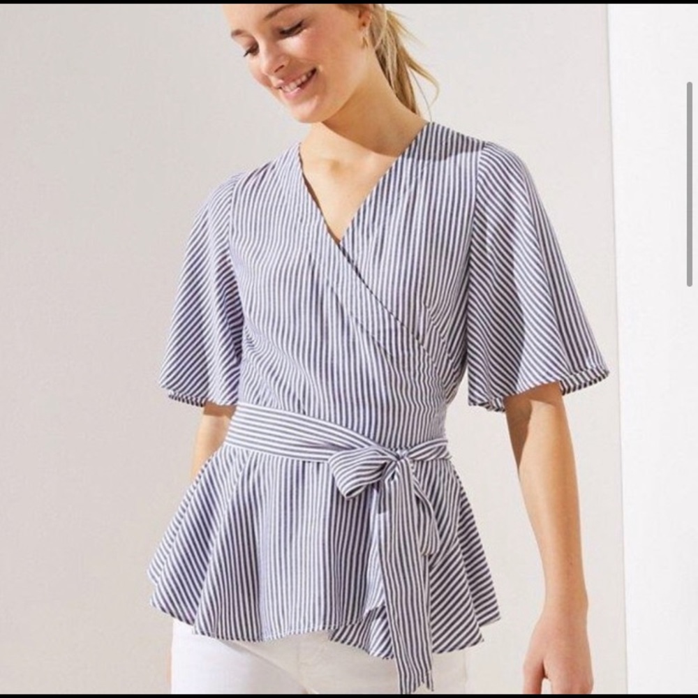 Loft wrap front striped gold and white blouse - Picture 13 of 16